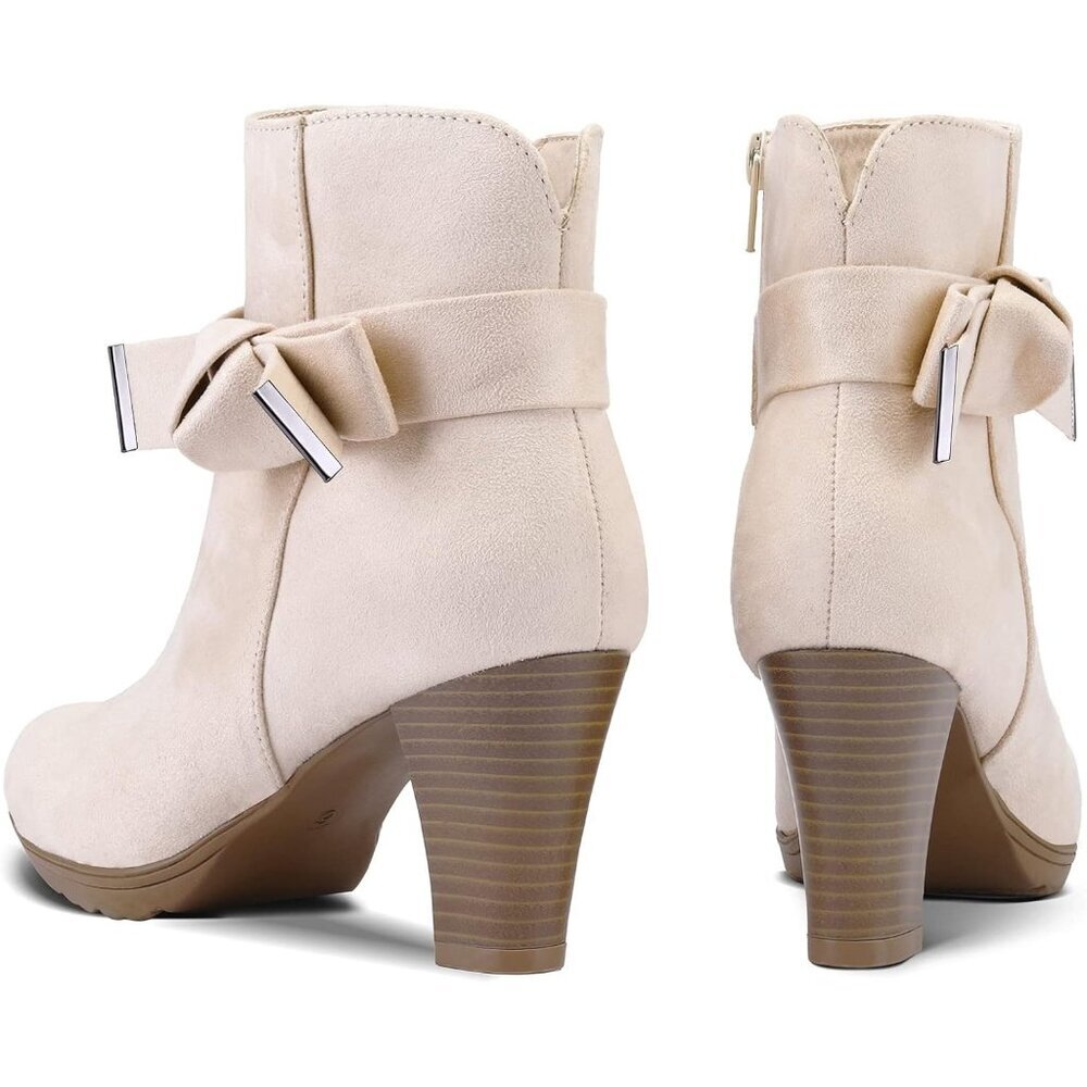 Women's Beige Bow Suede Booties Chunky Stacked Heel Zipper Ankle Boots - Picture 6 of 6